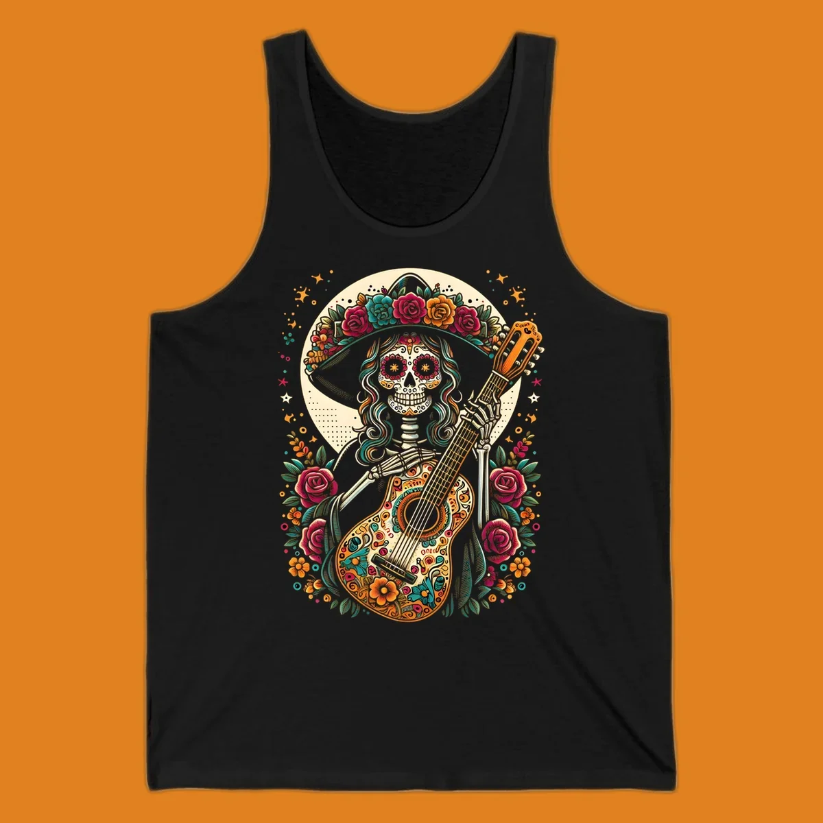 A vibrant calavera guitar player skeleton with a floral crown and decorated guitar, set against a circular moon.
