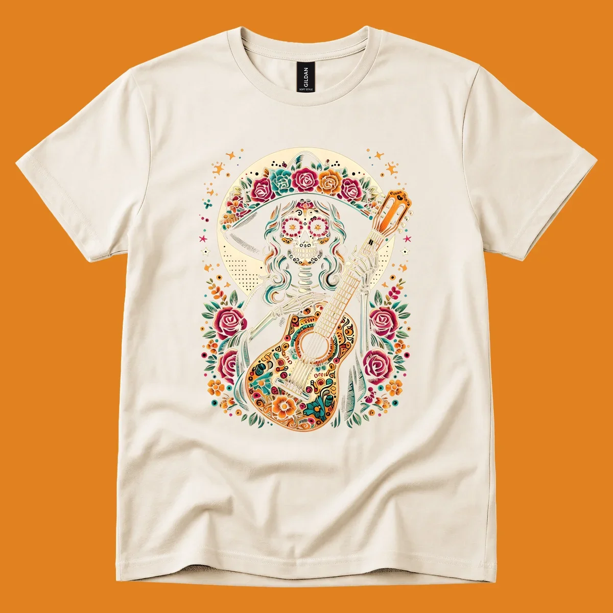 A vibrant calavera guitar player skeleton with a floral crown and decorated guitar, set against a circular moon.