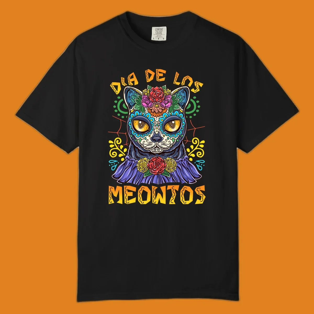 A vibrant illustration of a black cat with a sugar skull face and flowers, with the text 'DIA DE LOS MEOWTOS'. Depicts the dia-de-los-meowtos-cat concept.
