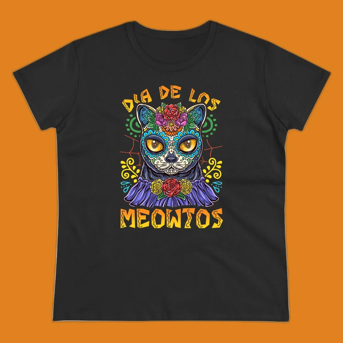 A vibrant illustration of a black cat with a sugar skull face and flowers, with the text 'DIA DE LOS MEOWTOS'. Depicts the dia-de-los-meowtos-cat concept.