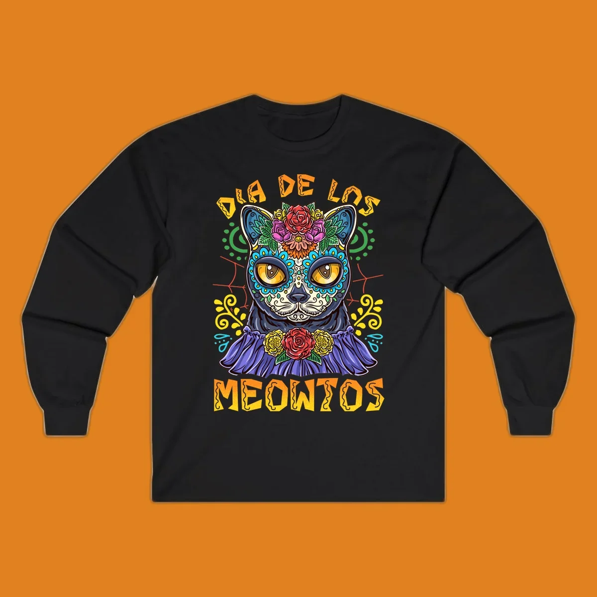 A vibrant illustration of a black cat with a sugar skull face and flowers, with the text 'DIA DE LOS MEOWTOS'. Depicts the dia-de-los-meowtos-cat concept.