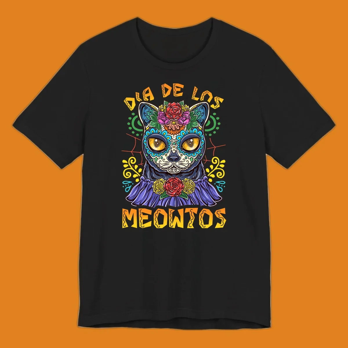 A vibrant illustration of a black cat with a sugar skull face and flowers, with the text 'DIA DE LOS MEOWTOS'. Depicts the dia-de-los-meowtos-cat concept.