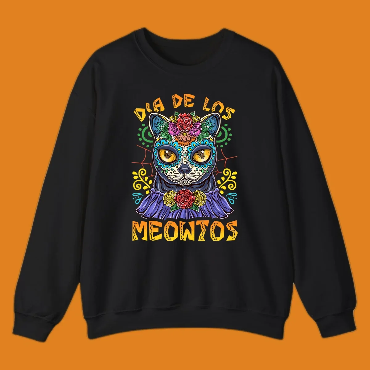 A vibrant illustration of a black cat with a sugar skull face and flowers, with the text 'DIA DE LOS MEOWTOS'. Depicts the dia-de-los-meowtos-cat concept.