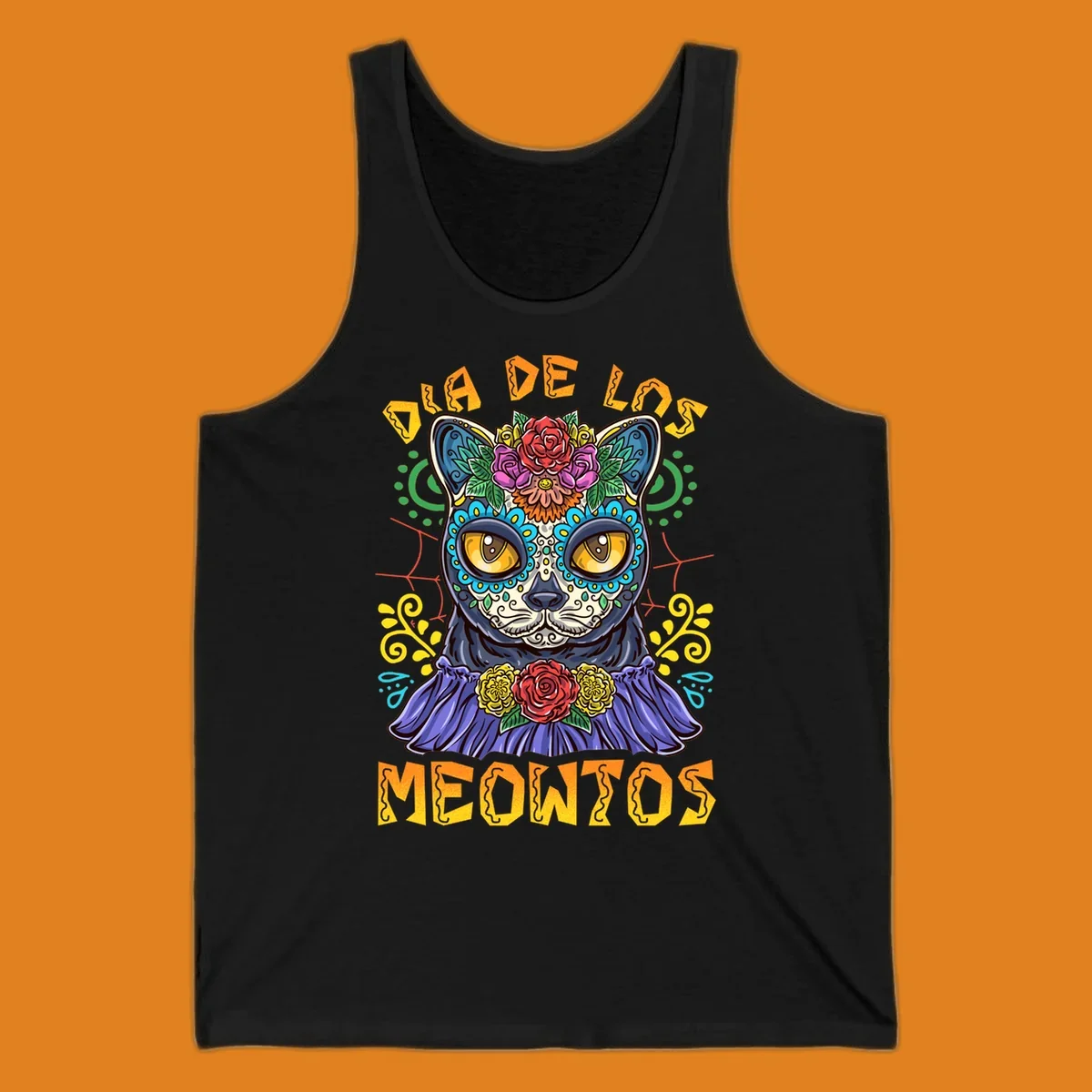 A vibrant illustration of a black cat with a sugar skull face and flowers, with the text 'DIA DE LOS MEOWTOS'. Depicts the dia-de-los-meowtos-cat concept.