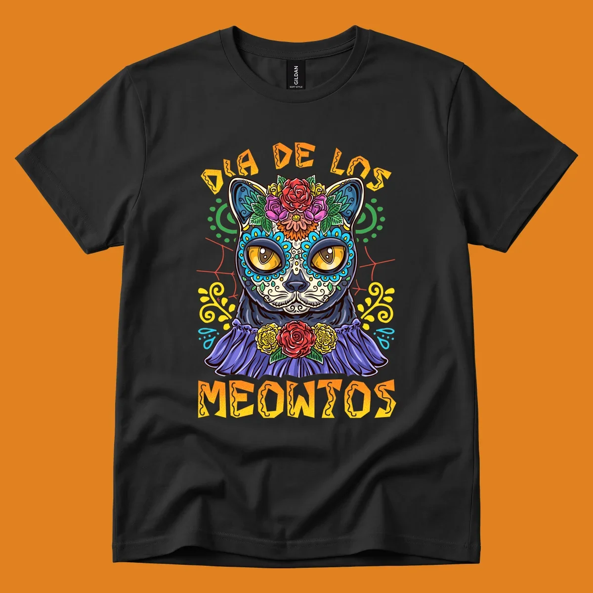 A vibrant illustration of a black cat with a sugar skull face and flowers, with the text 'DIA DE LOS MEOWTOS'. Depicts the dia-de-los-meowtos-cat concept.