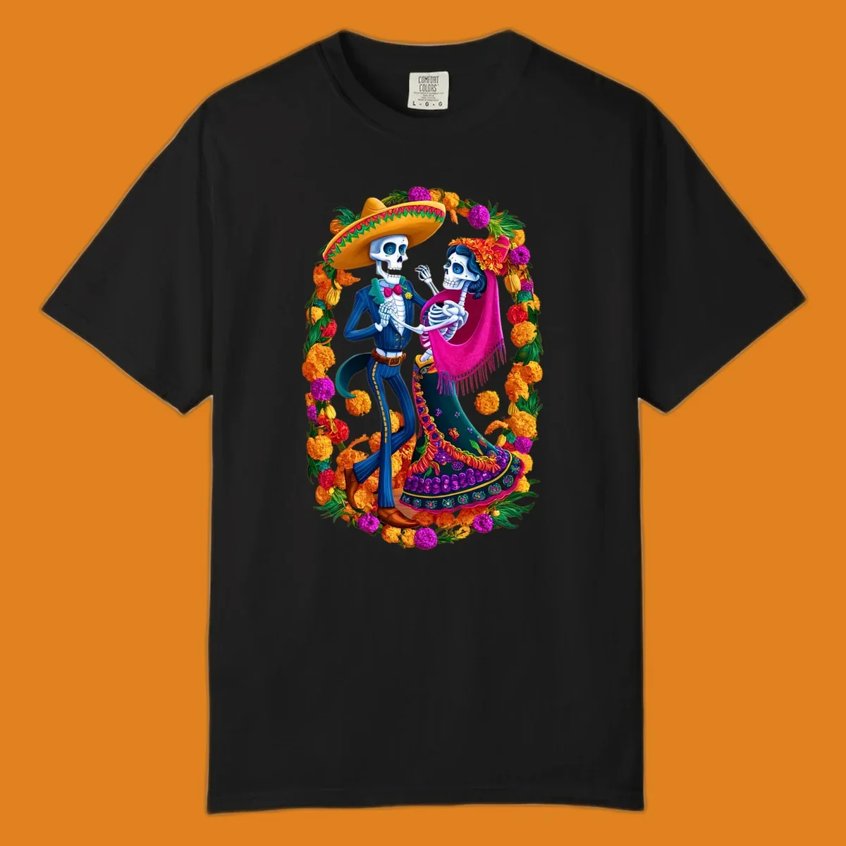 A vibrant illustration of a calavera couple dancing, framed by a colorful marigold wreath, celebrating Day of the Dead.