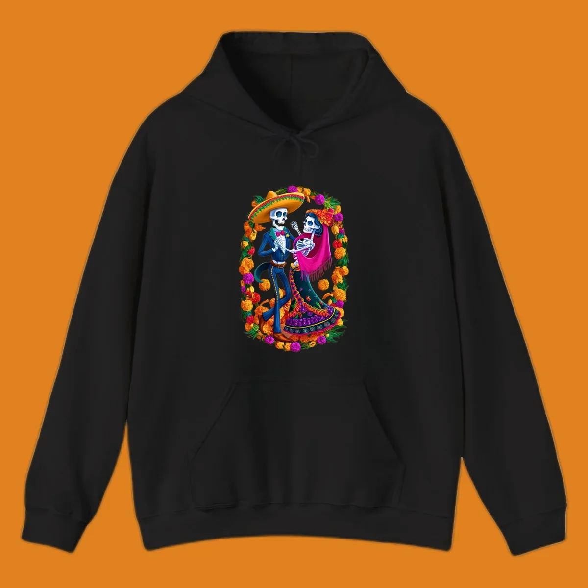 A vibrant illustration of a calavera couple dancing, framed by a colorful marigold wreath, celebrating Day of the Dead.