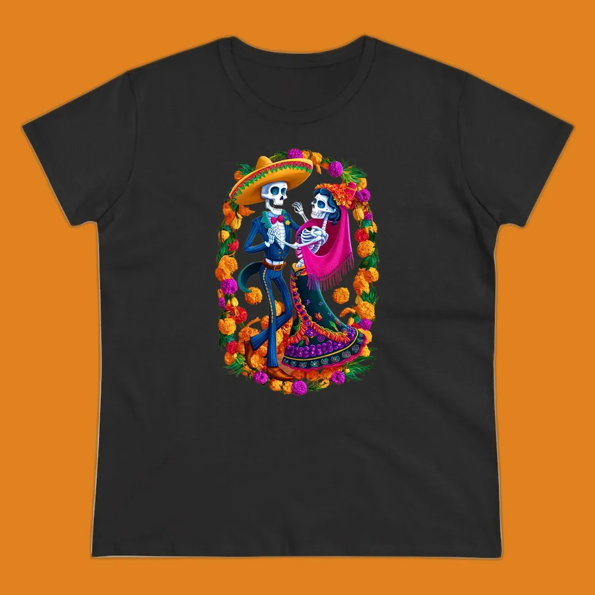A vibrant illustration of a calavera couple dancing, framed by a colorful marigold wreath, celebrating Day of the Dead.