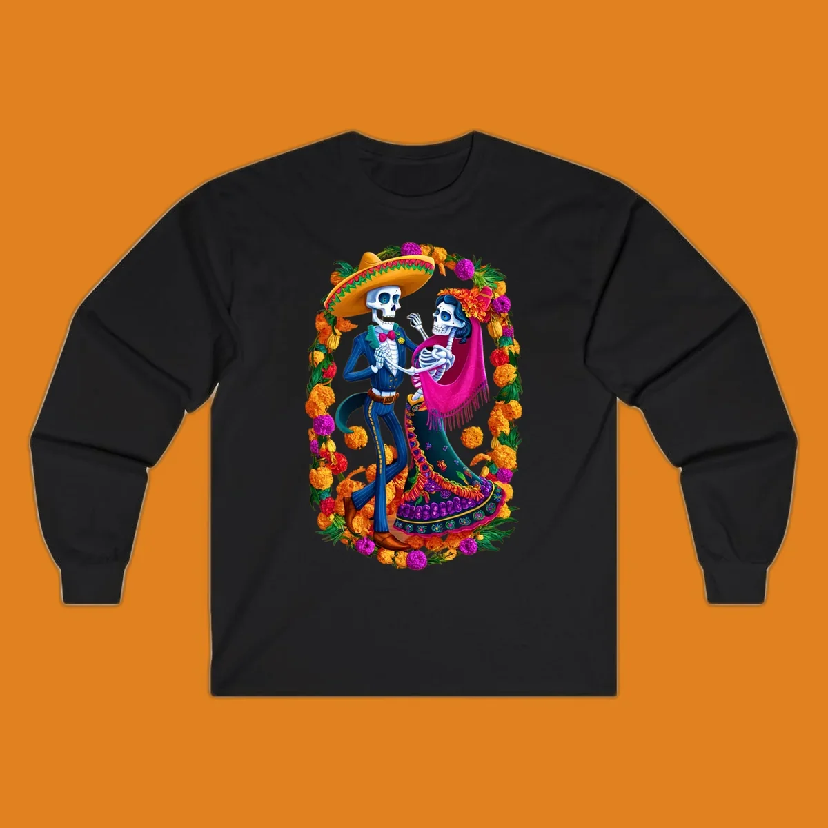 A vibrant illustration of a calavera couple dancing, framed by a colorful marigold wreath, celebrating Day of the Dead.