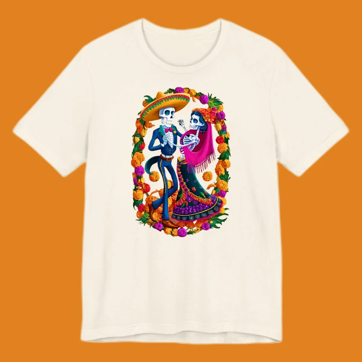 A vibrant illustration of a calavera couple dancing, framed by a colorful marigold wreath, celebrating Day of the Dead.