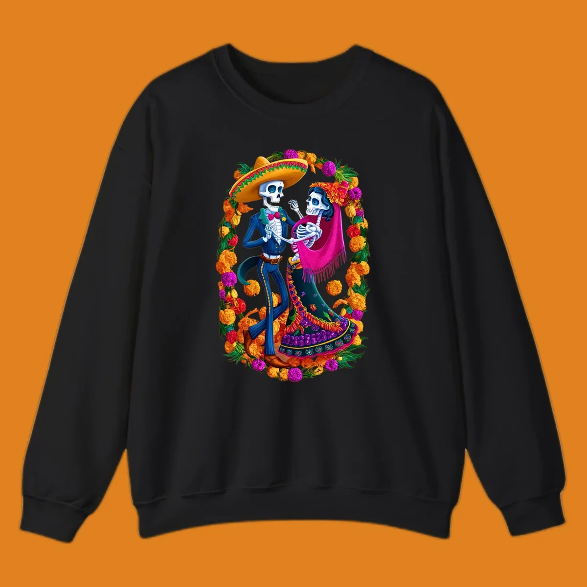 A vibrant illustration of a calavera couple dancing, framed by a colorful marigold wreath, celebrating Day of the Dead.