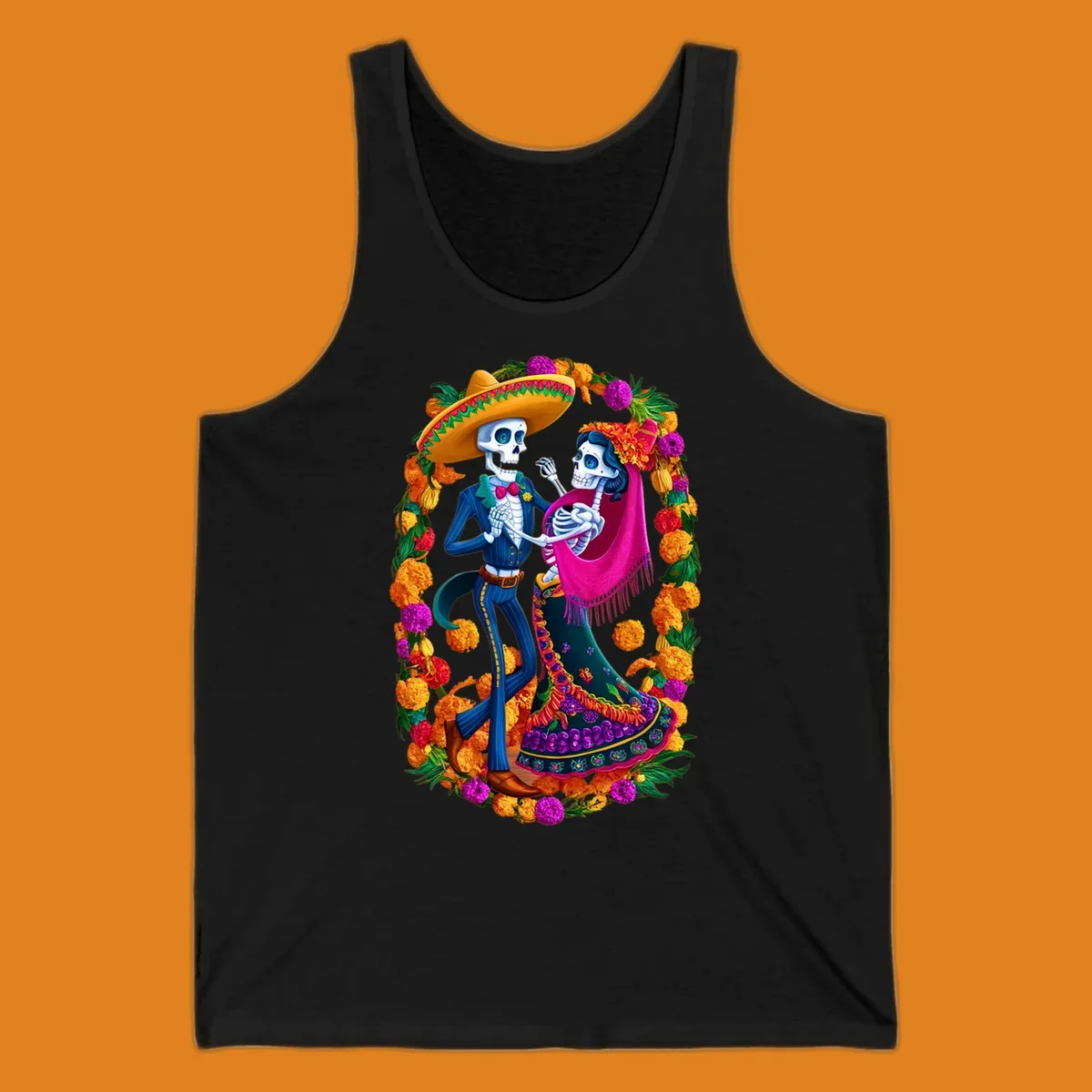 A vibrant illustration of a calavera couple dancing, framed by a colorful marigold wreath, celebrating Day of the Dead.