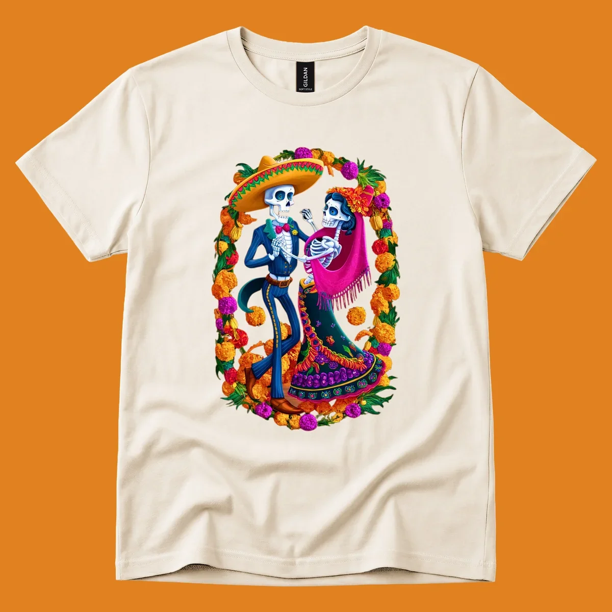 A vibrant illustration of a calavera couple dancing, framed by a colorful marigold wreath, celebrating Day of the Dead.