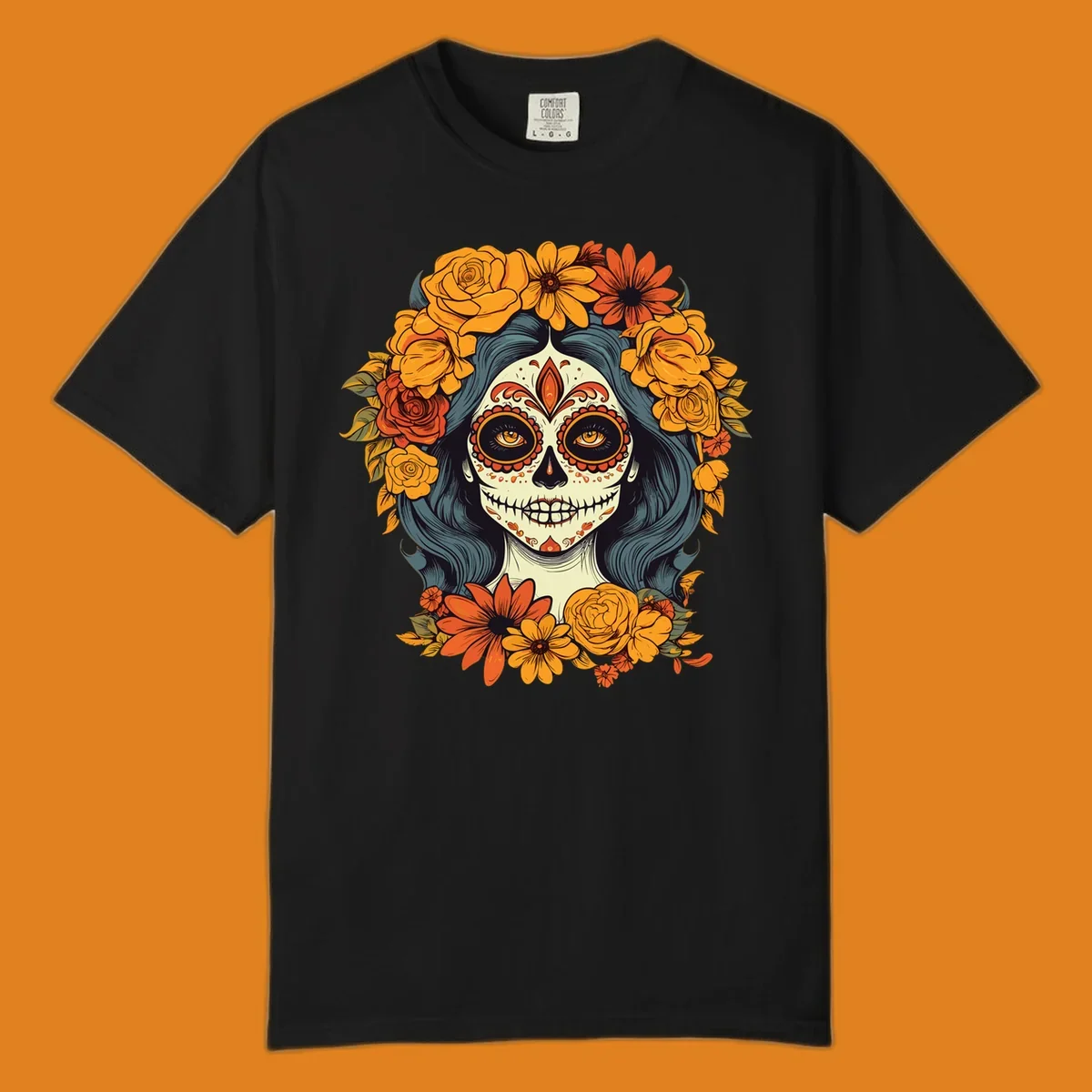 Vibrant illustration of a Day of the Dead calavera woman with a sugar skull face and a large floral crown.