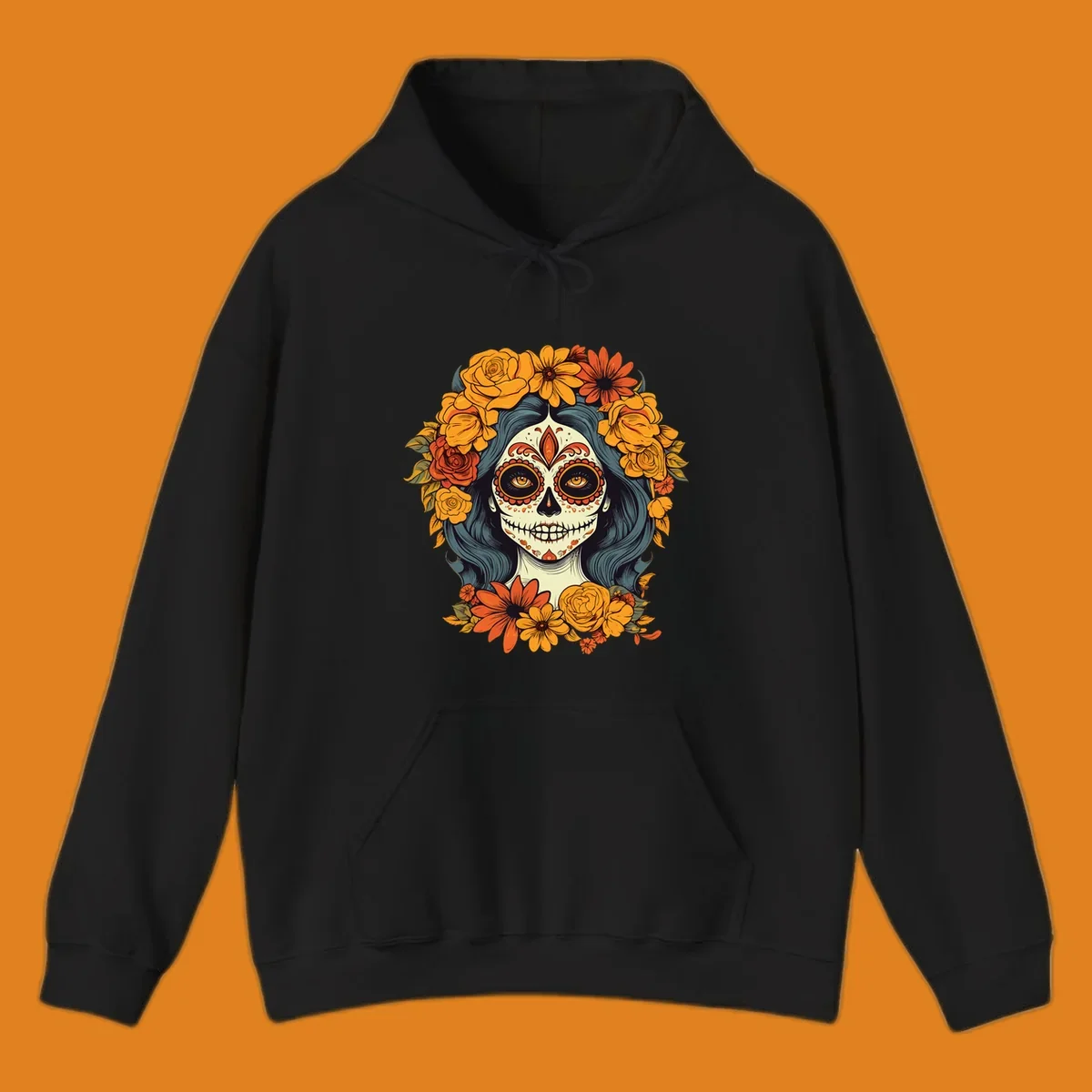 Vibrant illustration of a Day of the Dead calavera woman with a sugar skull face and a large floral crown.