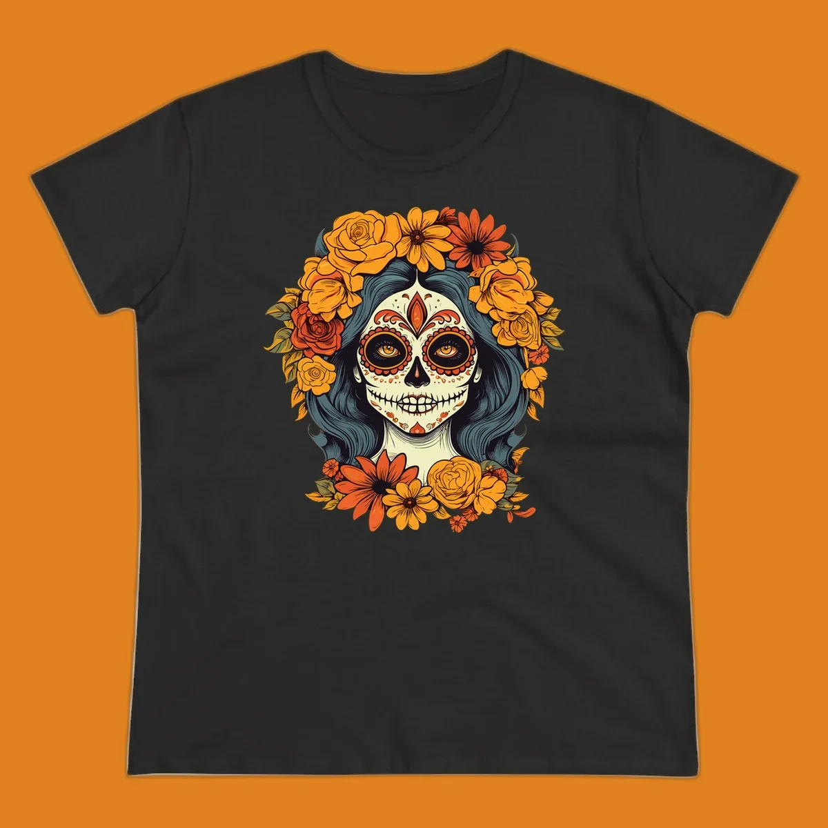 Vibrant illustration of a Day of the Dead calavera woman with a sugar skull face and a large floral crown.