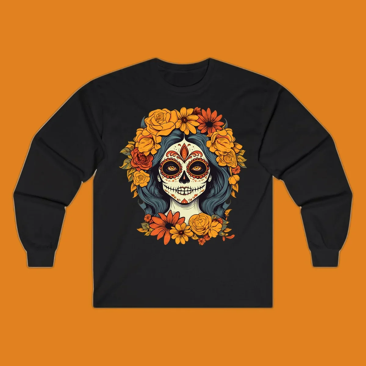Vibrant illustration of a Day of the Dead calavera woman with a sugar skull face and a large floral crown.