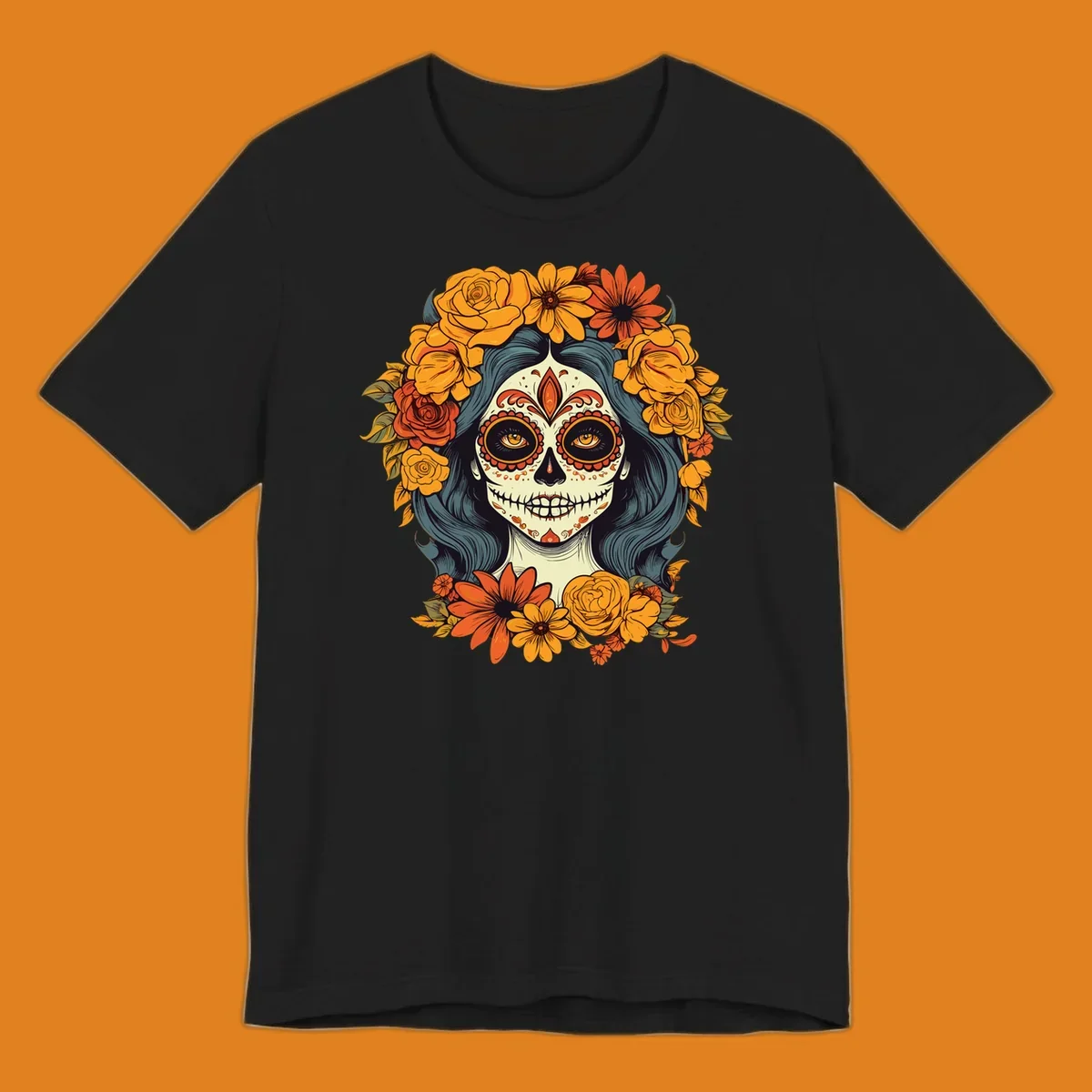 Vibrant illustration of a Day of the Dead calavera woman with a sugar skull face and a large floral crown.