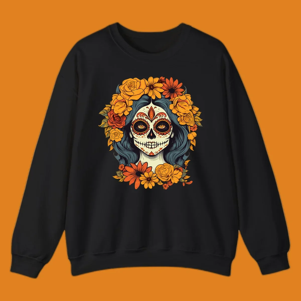 Vibrant illustration of a Day of the Dead calavera woman with a sugar skull face and a large floral crown.