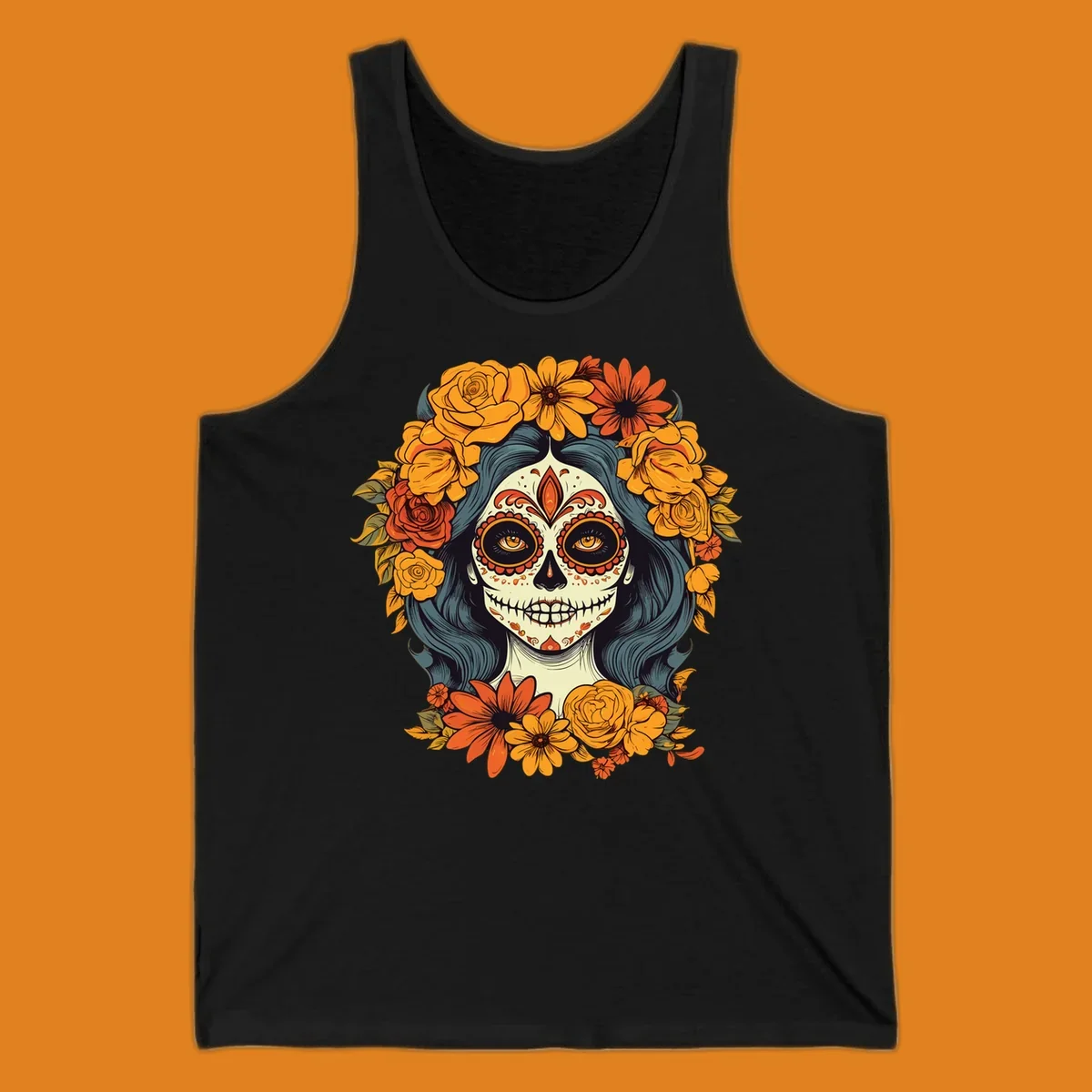 Vibrant illustration of a Day of the Dead calavera woman with a sugar skull face and a large floral crown.
