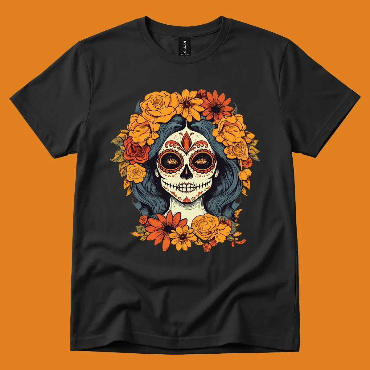 Vibrant illustration of a Day of the Dead calavera woman with a sugar skull face and a large floral crown.