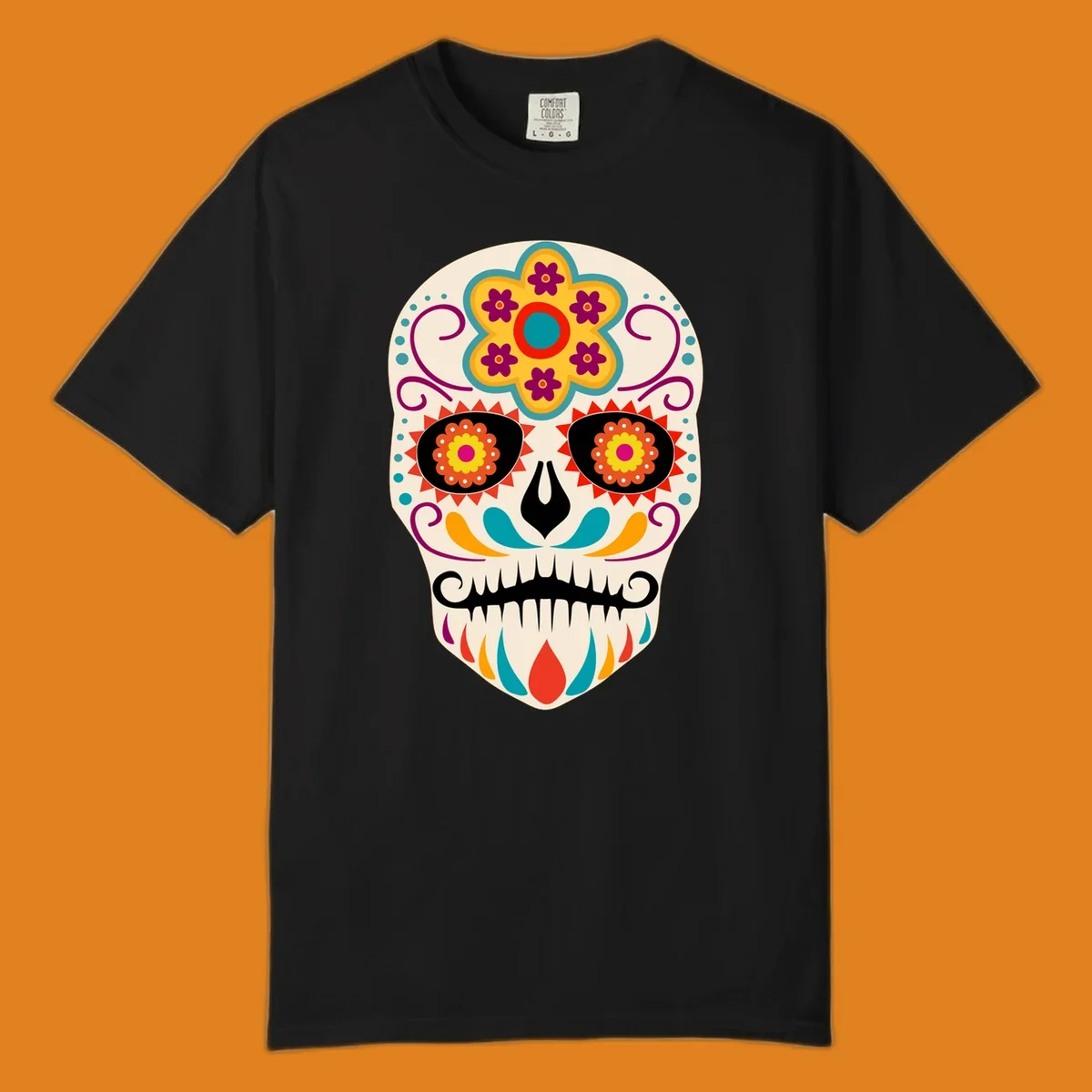 A vibrant sugar skull calavera illustration with a yellow and teal floral crown, swirls, and colorful patterns around its eyes.