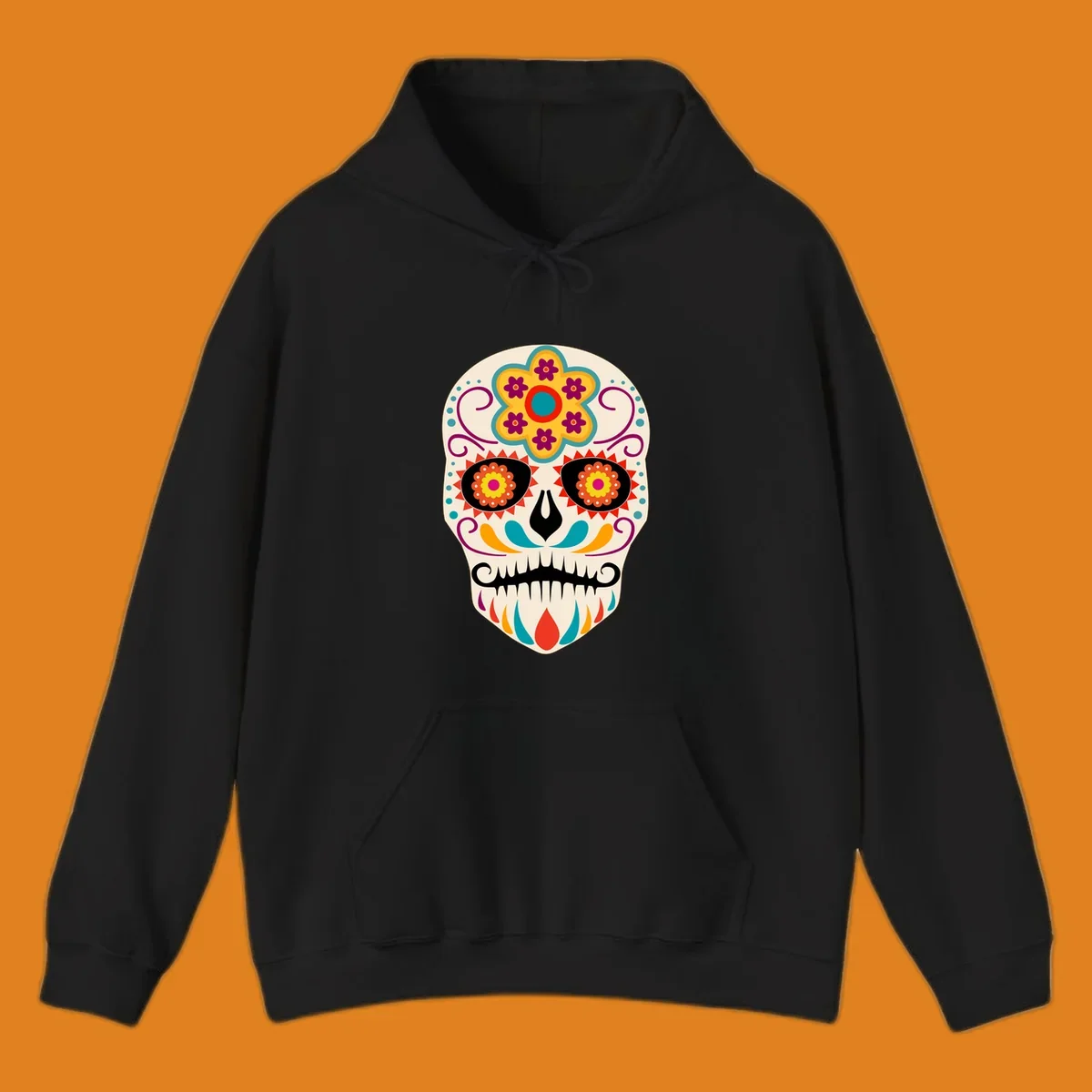 A vibrant sugar skull calavera illustration with a yellow and teal floral crown, swirls, and colorful patterns around its eyes.