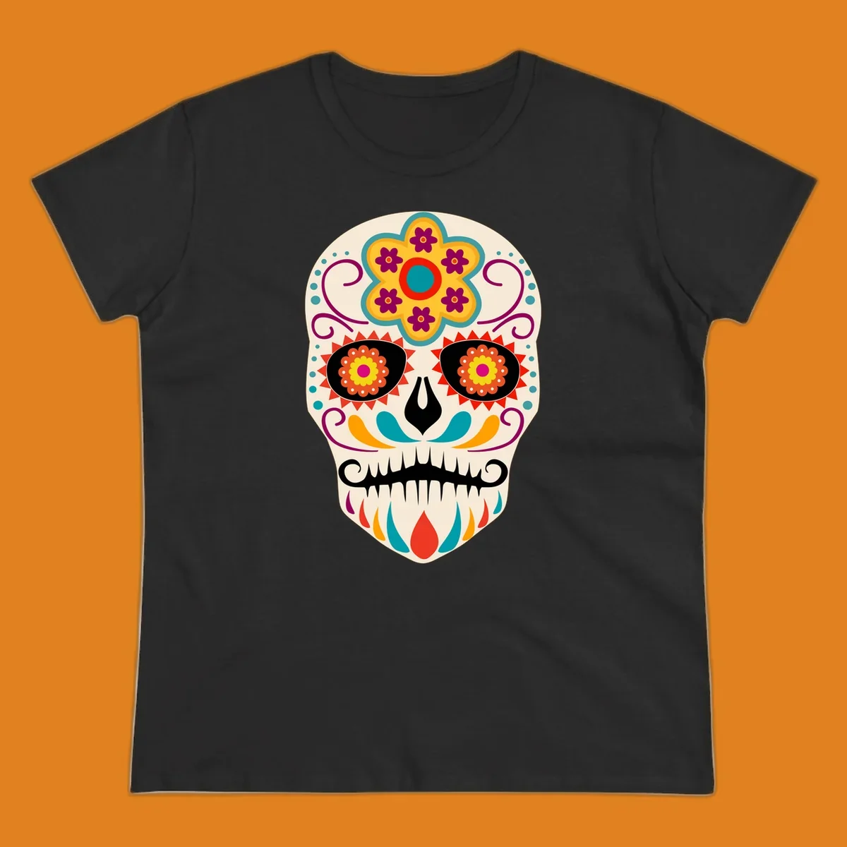 A vibrant sugar skull calavera illustration with a yellow and teal floral crown, swirls, and colorful patterns around its eyes.