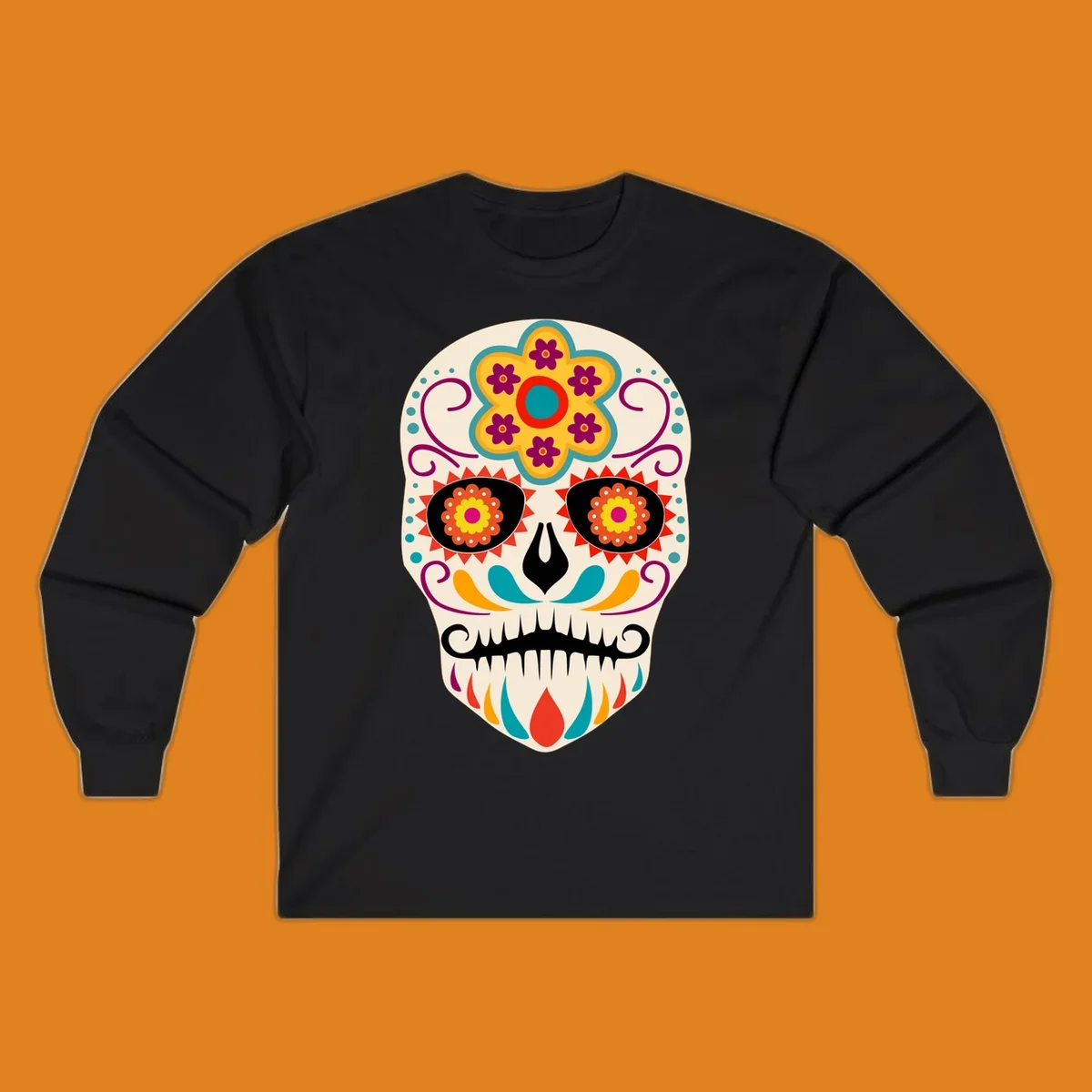 A vibrant sugar skull calavera illustration with a yellow and teal floral crown, swirls, and colorful patterns around its eyes.
