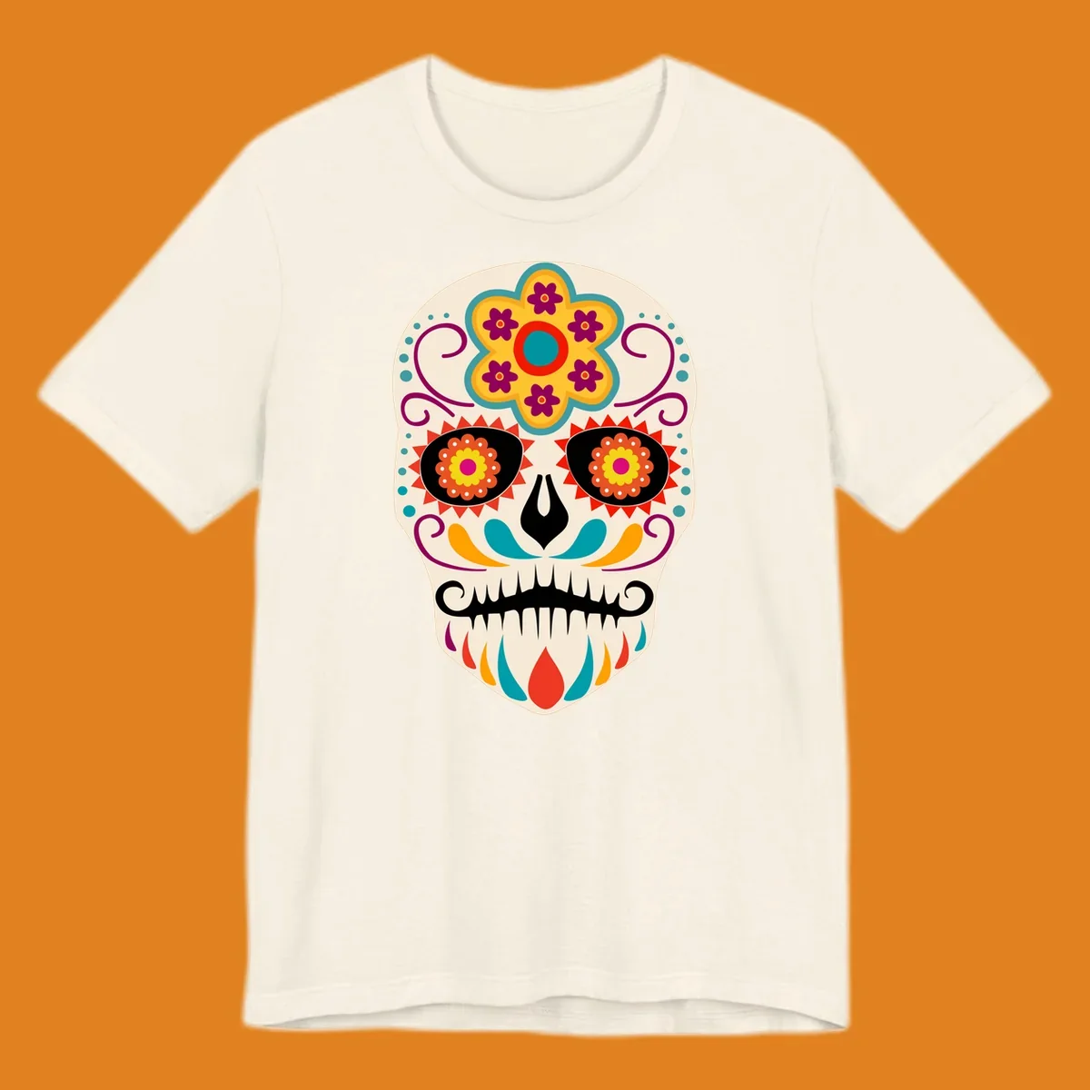 A vibrant sugar skull calavera illustration with a yellow and teal floral crown, swirls, and colorful patterns around its eyes.
