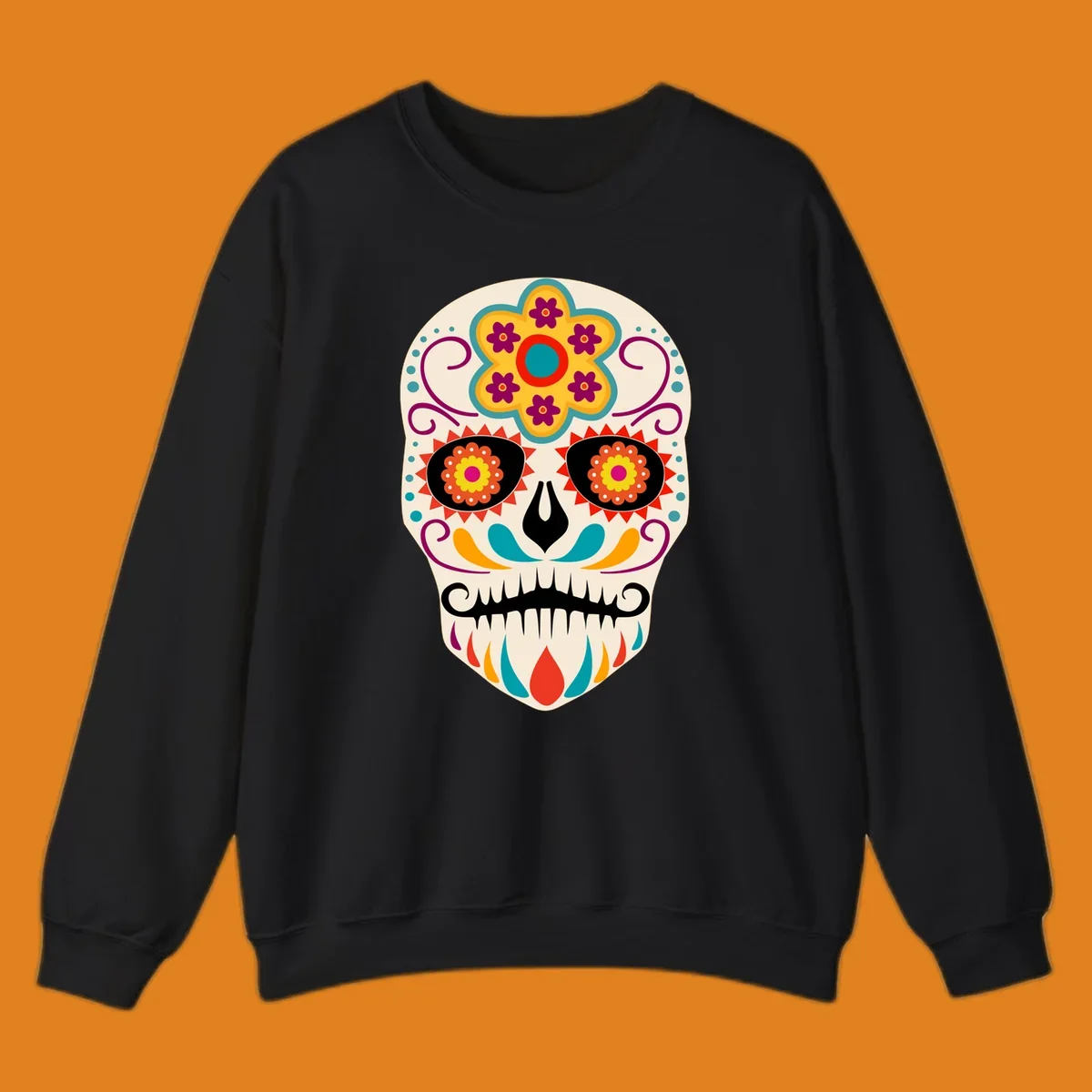 A vibrant sugar skull calavera illustration with a yellow and teal floral crown, swirls, and colorful patterns around its eyes.
