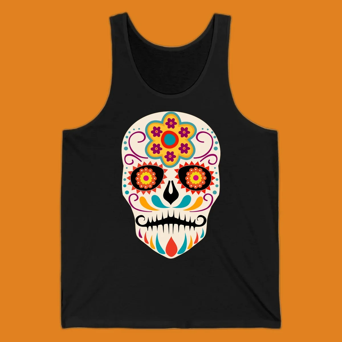 A vibrant sugar skull calavera illustration with a yellow and teal floral crown, swirls, and colorful patterns around its eyes.