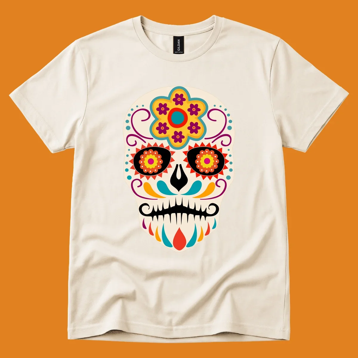 A vibrant sugar skull calavera illustration with a yellow and teal floral crown, swirls, and colorful patterns around its eyes.