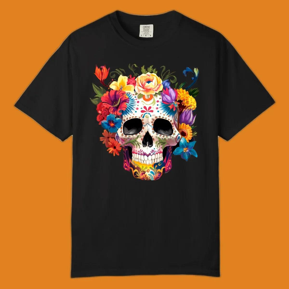 A vibrant floral sugar skull, or calavera, with a large crown of colorful flowers in red, yellow, blue, and purple.