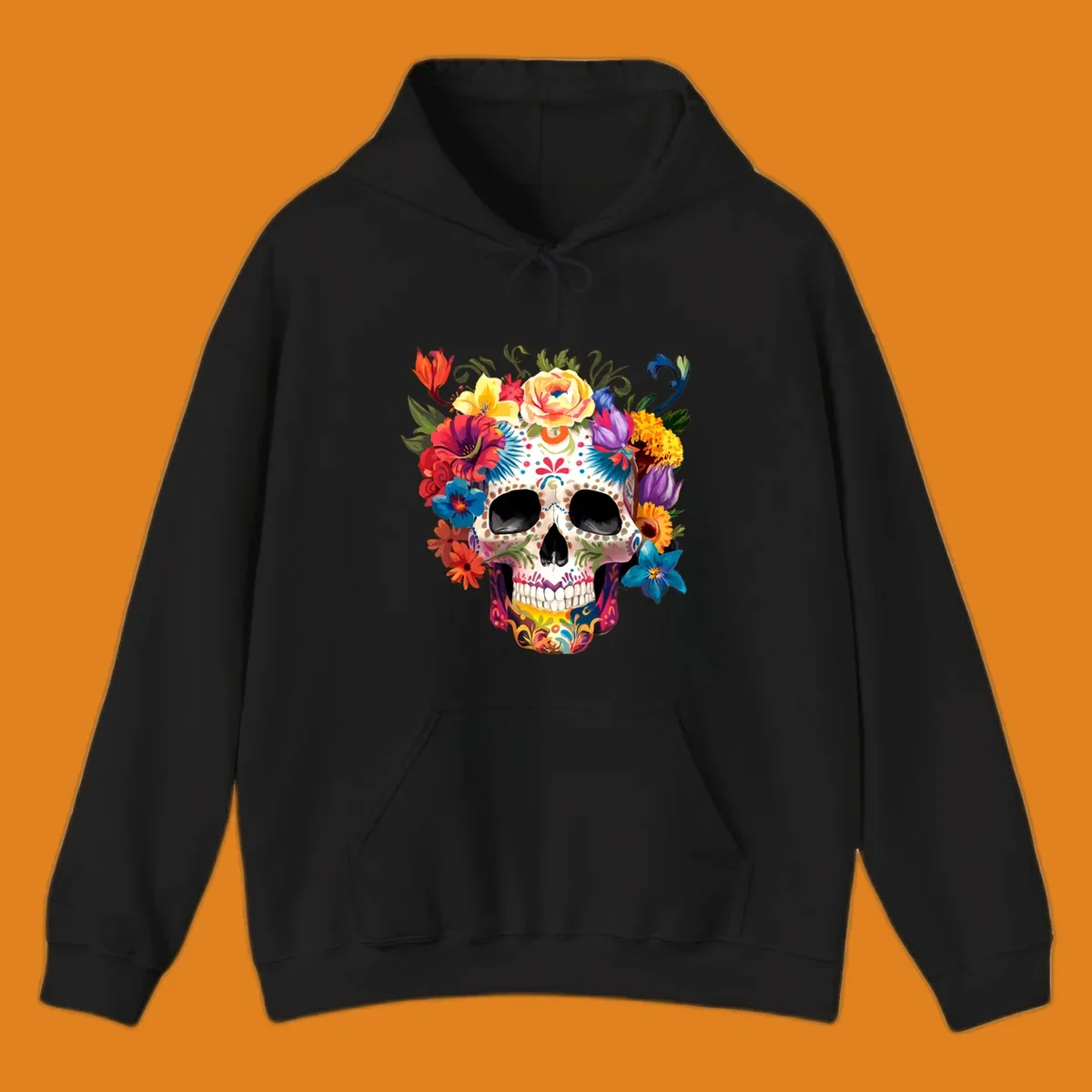 A vibrant floral sugar skull, or calavera, with a large crown of colorful flowers in red, yellow, blue, and purple.