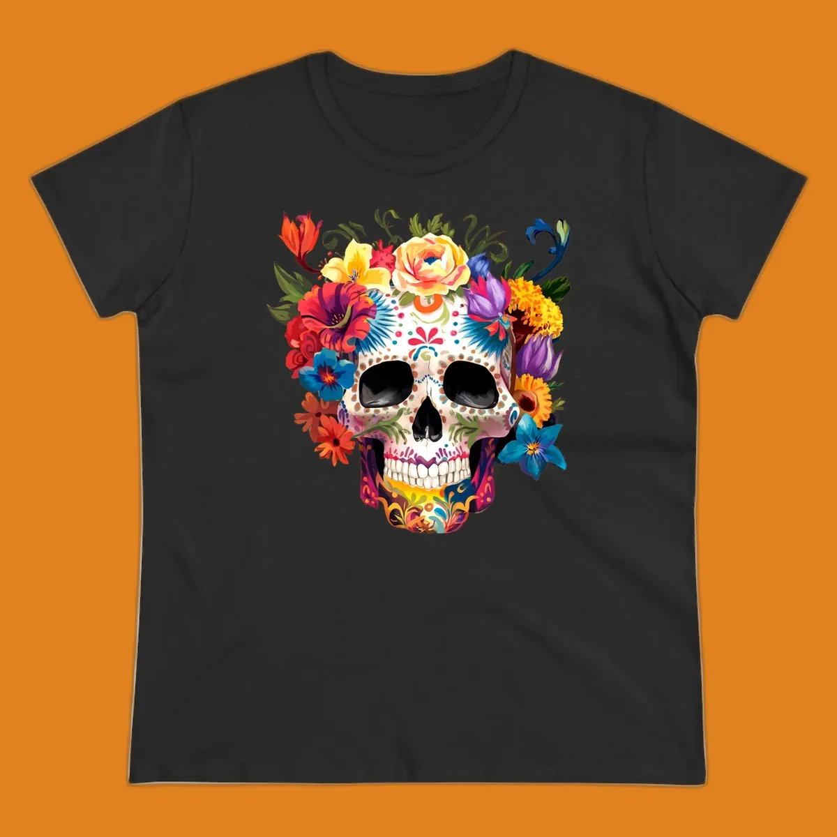 A vibrant floral sugar skull, or calavera, with a large crown of colorful flowers in red, yellow, blue, and purple.