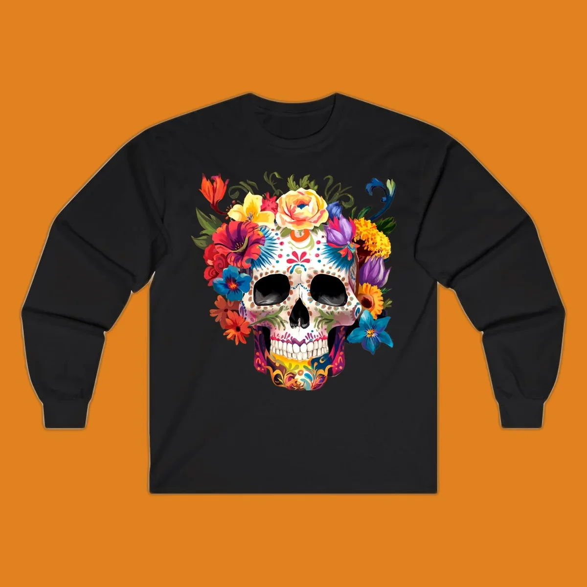 A vibrant floral sugar skull, or calavera, with a large crown of colorful flowers in red, yellow, blue, and purple.