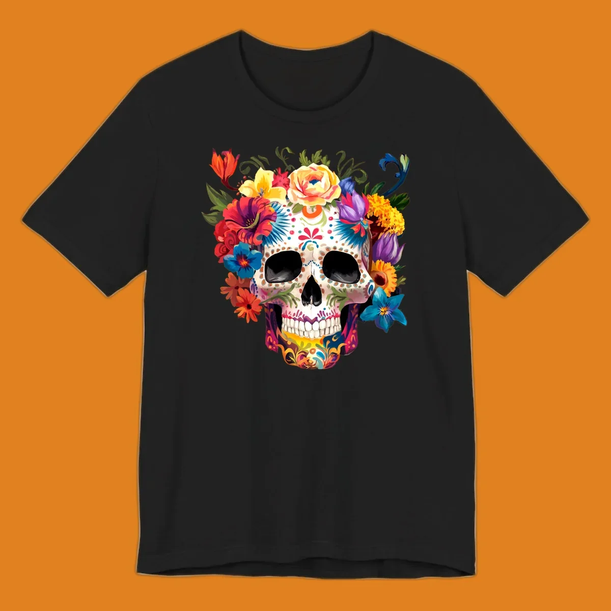 A vibrant floral sugar skull, or calavera, with a large crown of colorful flowers in red, yellow, blue, and purple.