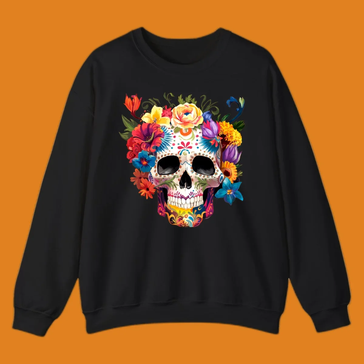 A vibrant floral sugar skull, or calavera, with a large crown of colorful flowers in red, yellow, blue, and purple.
