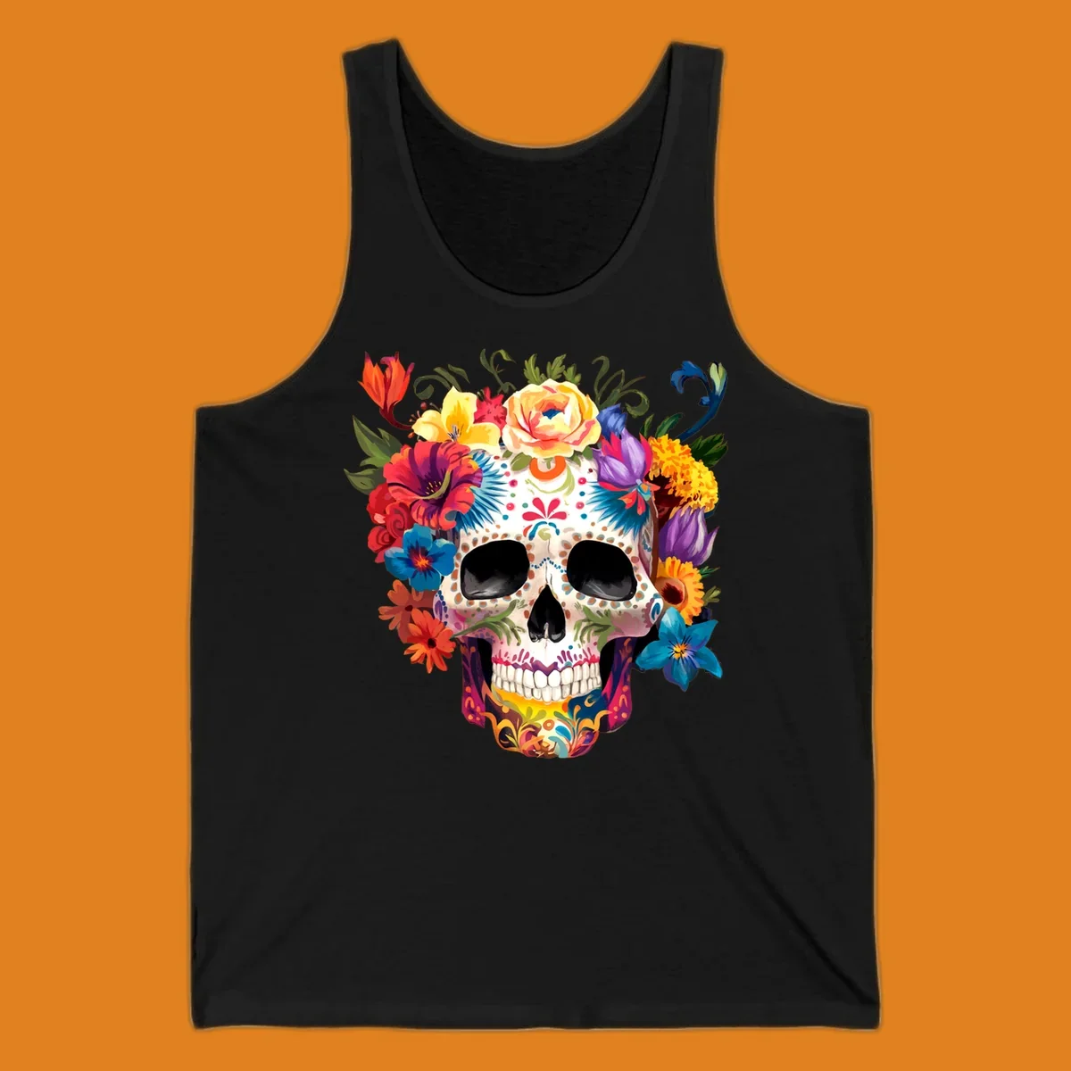 A vibrant floral sugar skull, or calavera, with a large crown of colorful flowers in red, yellow, blue, and purple.