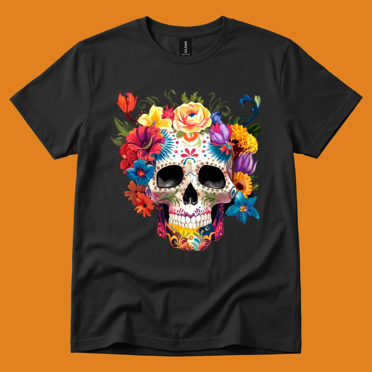 A vibrant floral sugar skull, or calavera, with a large crown of colorful flowers in red, yellow, blue, and purple.