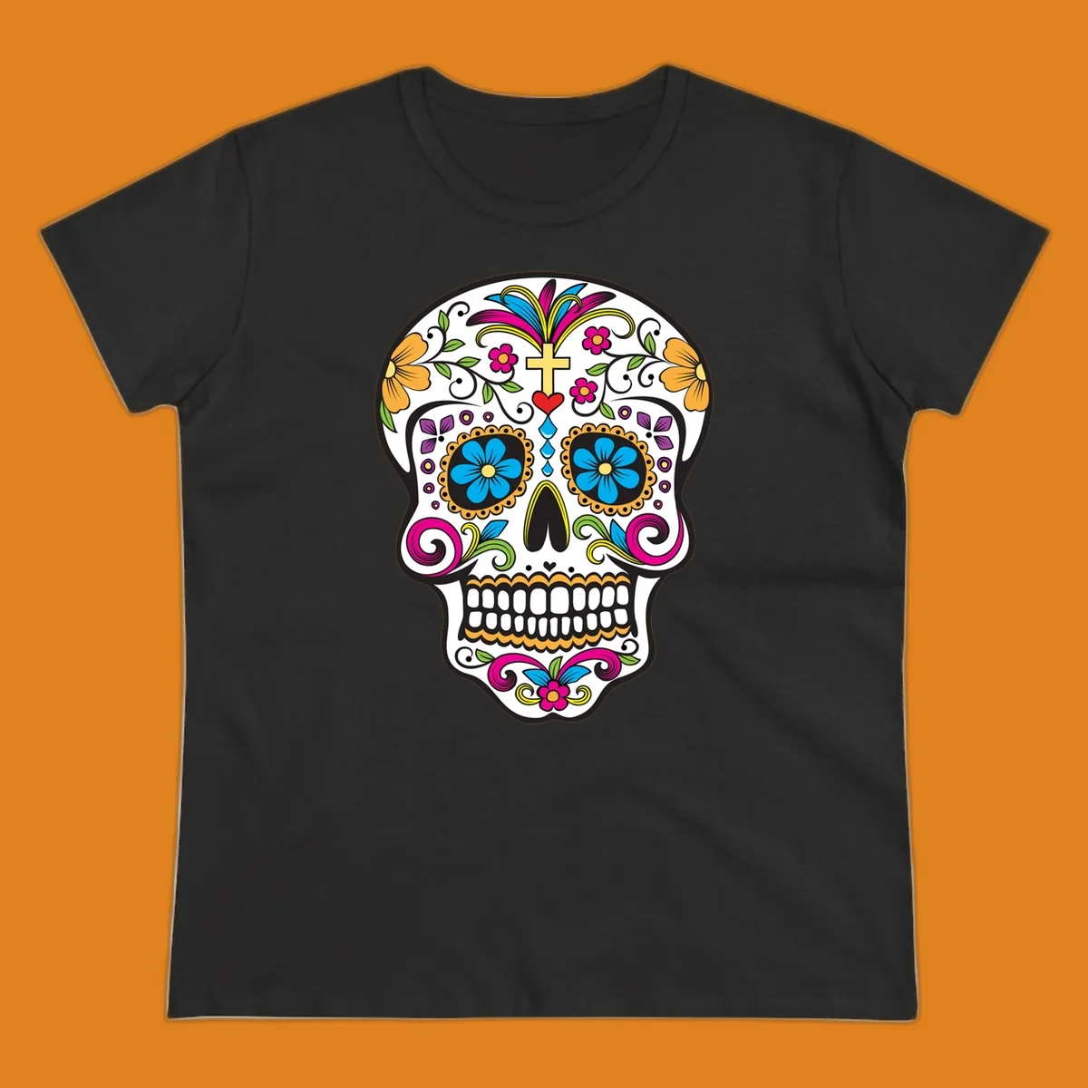 A vibrant sugar skull calavera illustration with colorful flowers, green leaves, a golden cross, and blue tears.