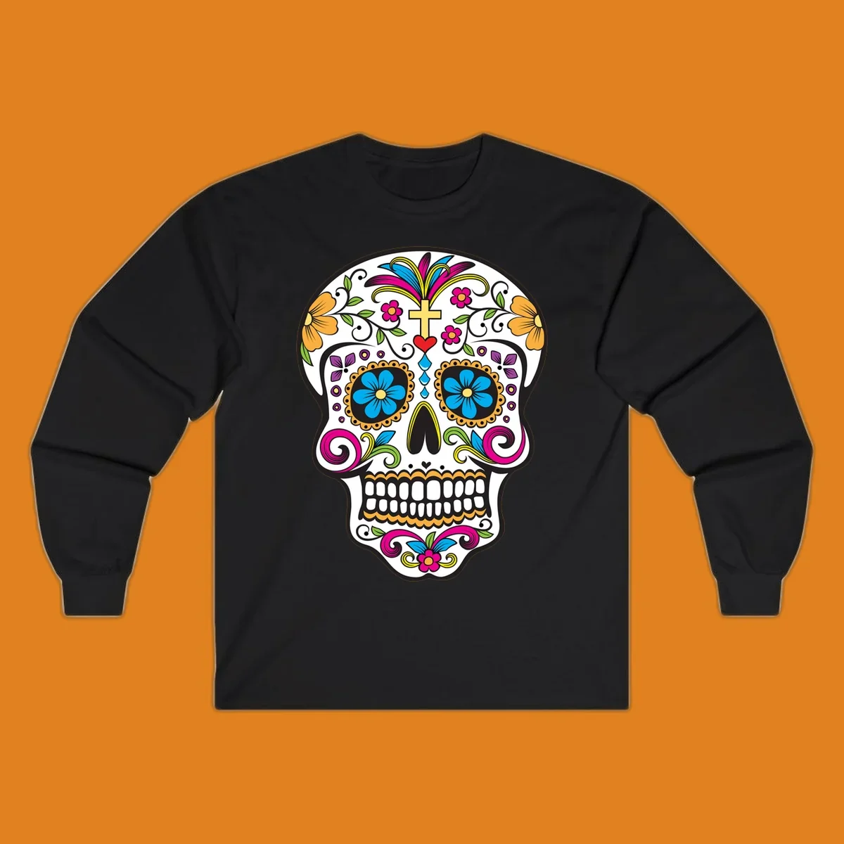 A vibrant sugar skull calavera illustration with colorful flowers, green leaves, a golden cross, and blue tears.