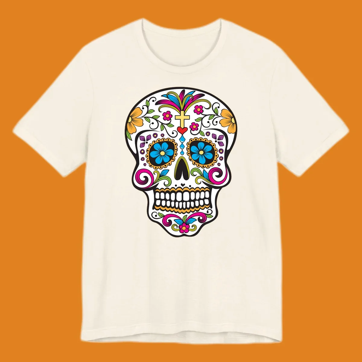 A vibrant sugar skull calavera illustration with colorful flowers, green leaves, a golden cross, and blue tears.