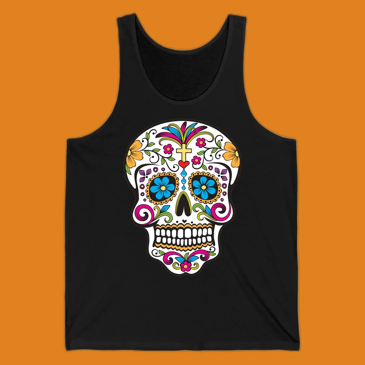 A vibrant sugar skull calavera illustration with colorful flowers, green leaves, a golden cross, and blue tears.