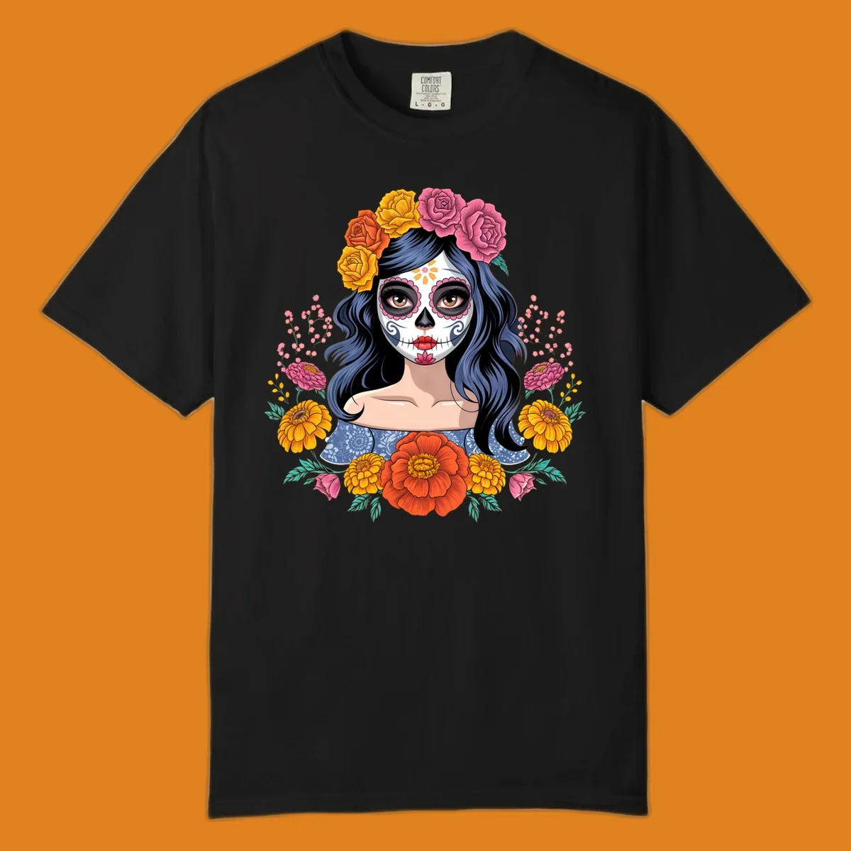 Illustration of a woman with calavera face paint and a vibrant floral crown of roses and marigolds.