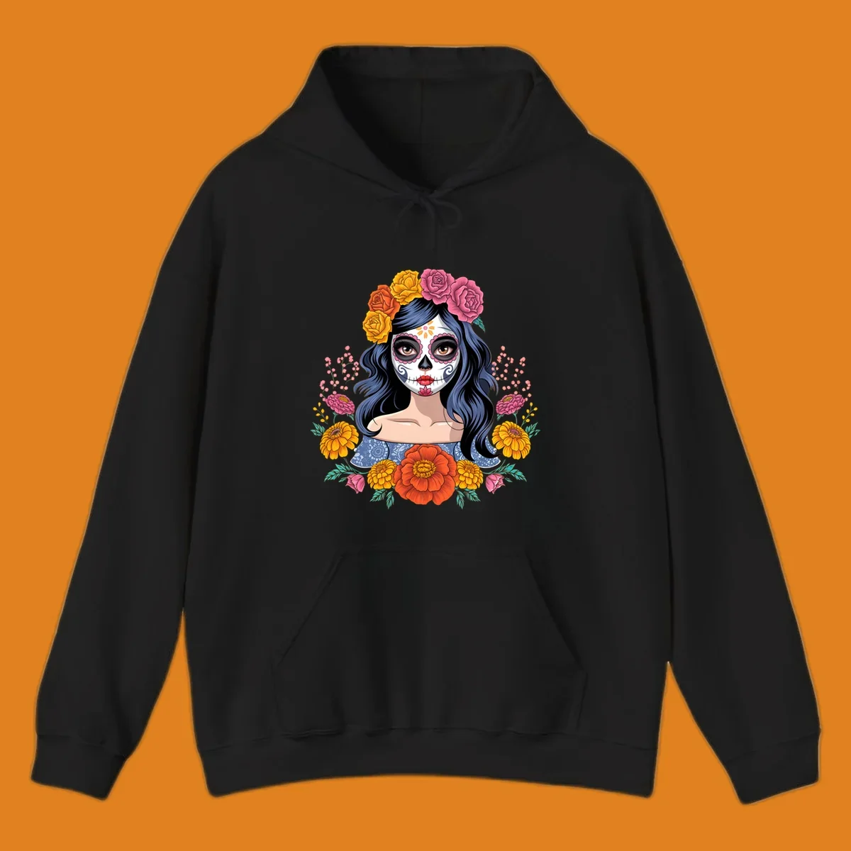Illustration of a woman with calavera face paint and a vibrant floral crown of roses and marigolds.