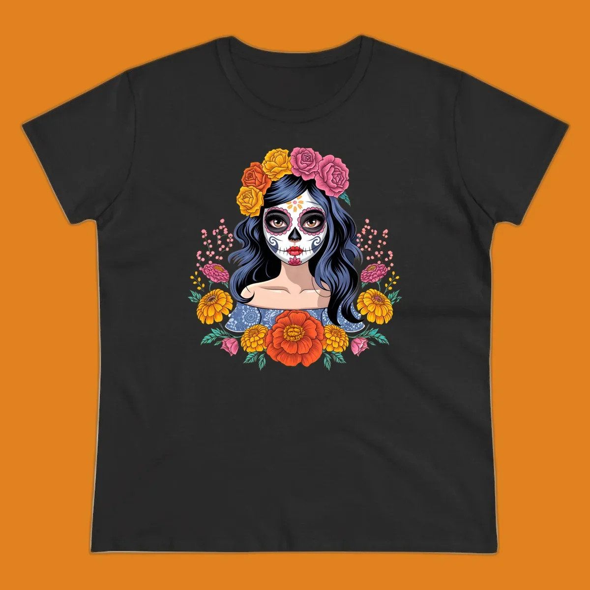 Illustration of a woman with calavera face paint and a vibrant floral crown of roses and marigolds.