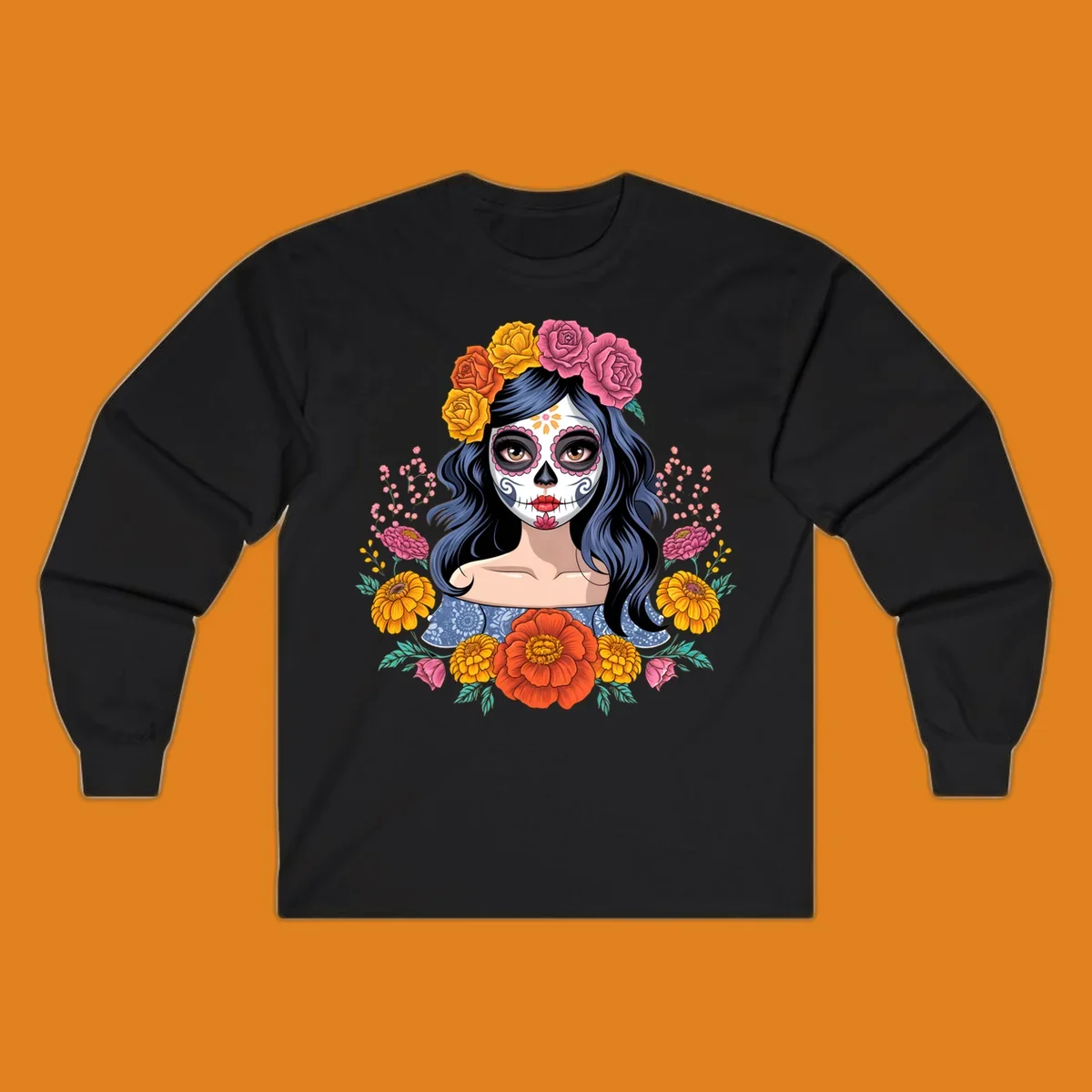 Illustration of a woman with calavera face paint and a vibrant floral crown of roses and marigolds.