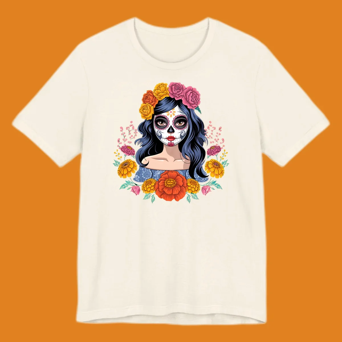 Illustration of a woman with calavera face paint and a vibrant floral crown of roses and marigolds.